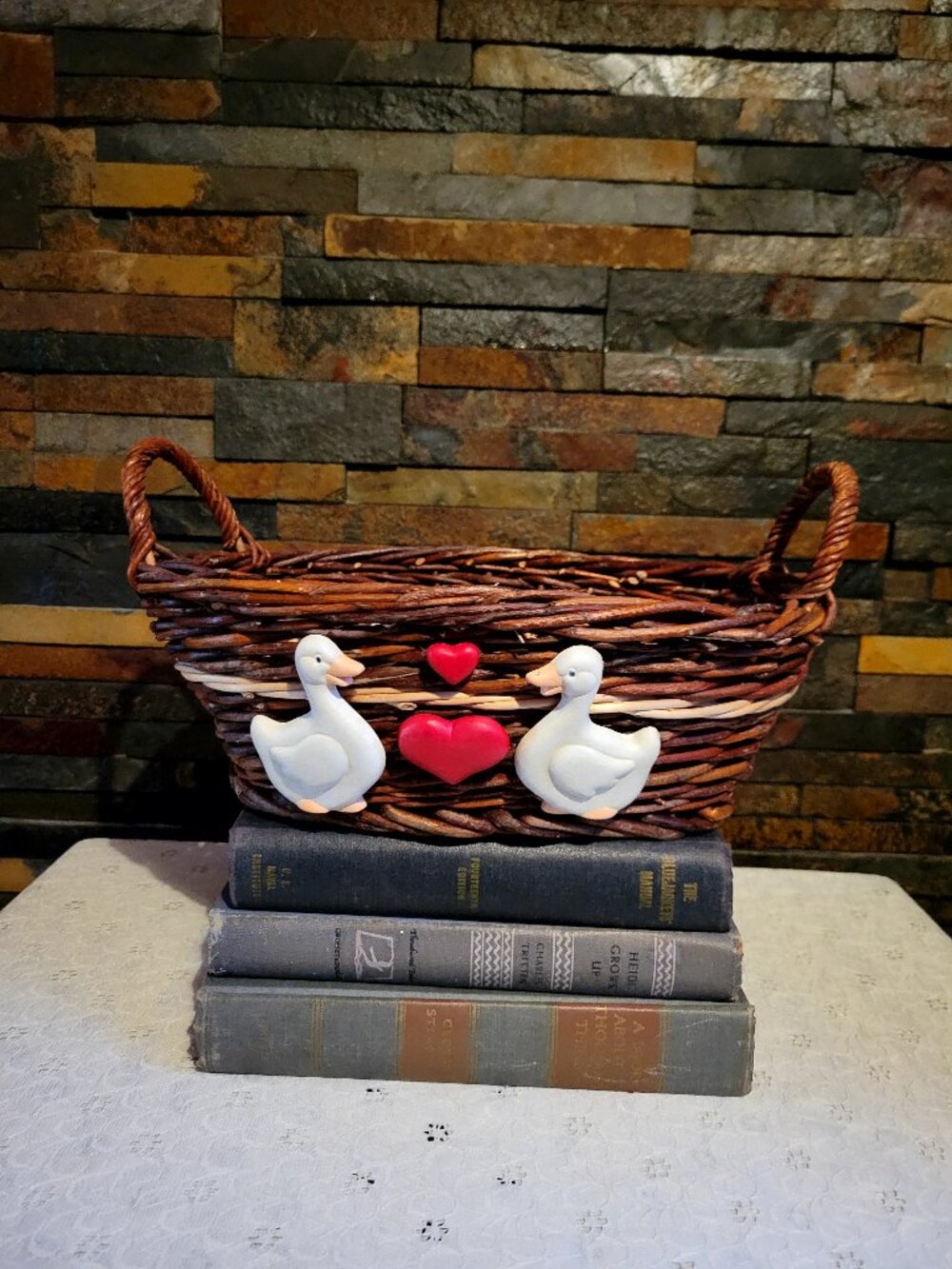 Vintage Country Wicker Basket Ceramic Ducks, Hearts